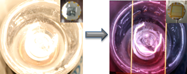 Left: a turned-on lamp used for radiative drying and curing. Inset: aperture shield to control light leakage for measurements. Right: the same light with a near-infrared filter placed over it. The filter allows infrared energy through, but blocks most of the visible light resulting in the turned-on lamp looking much darker. Inset: the aperture filled with the near infrared light.